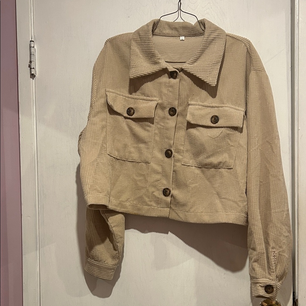 Corduroy Button-Front Cropped Jacket - Beige